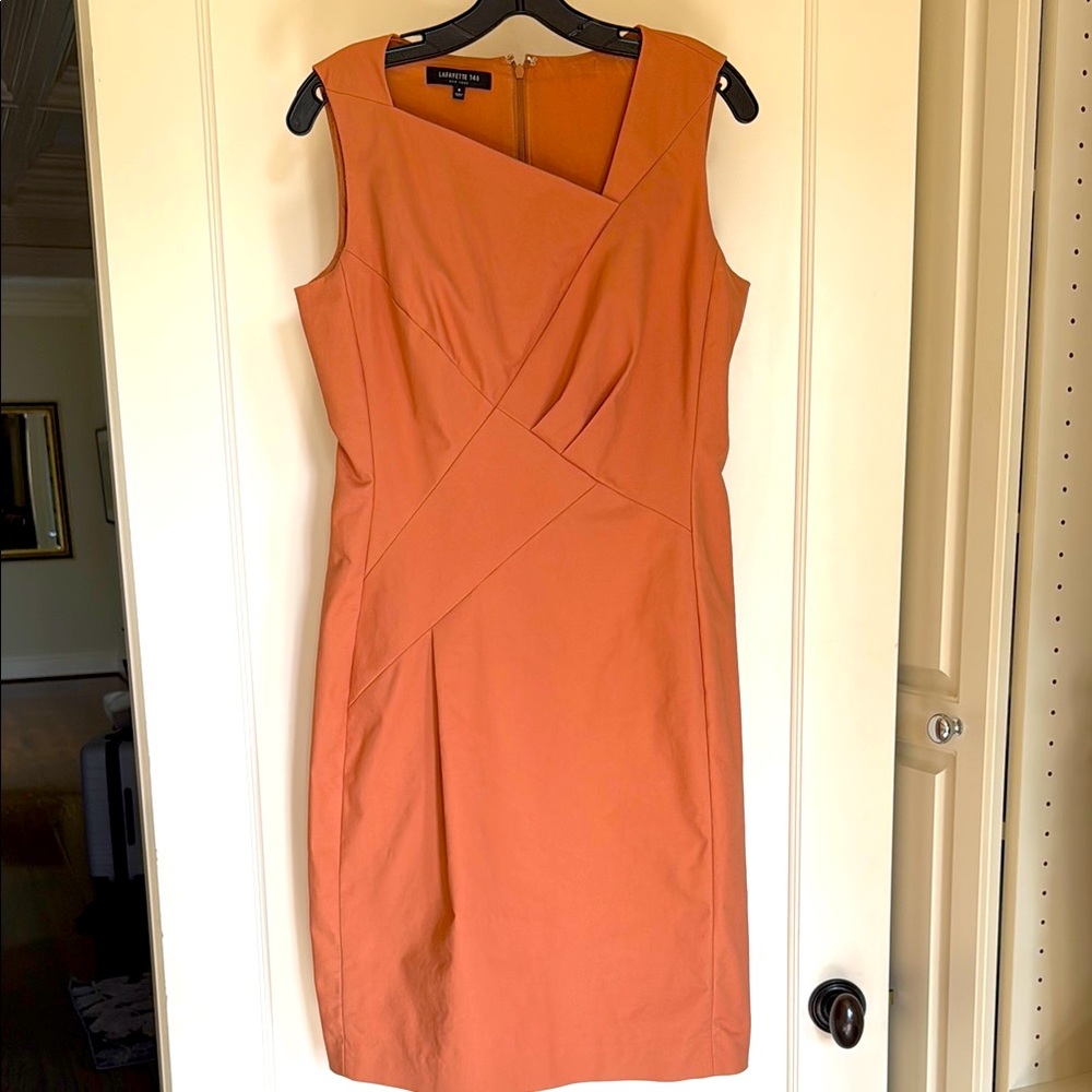 Lafayette 148 New York Orange Tan Asymmetrical Pleated Sheath Dress